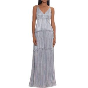 XSCAPE Sparkly Striped Long Evening Gown Size 10 Metallic Silver Maxi Dress